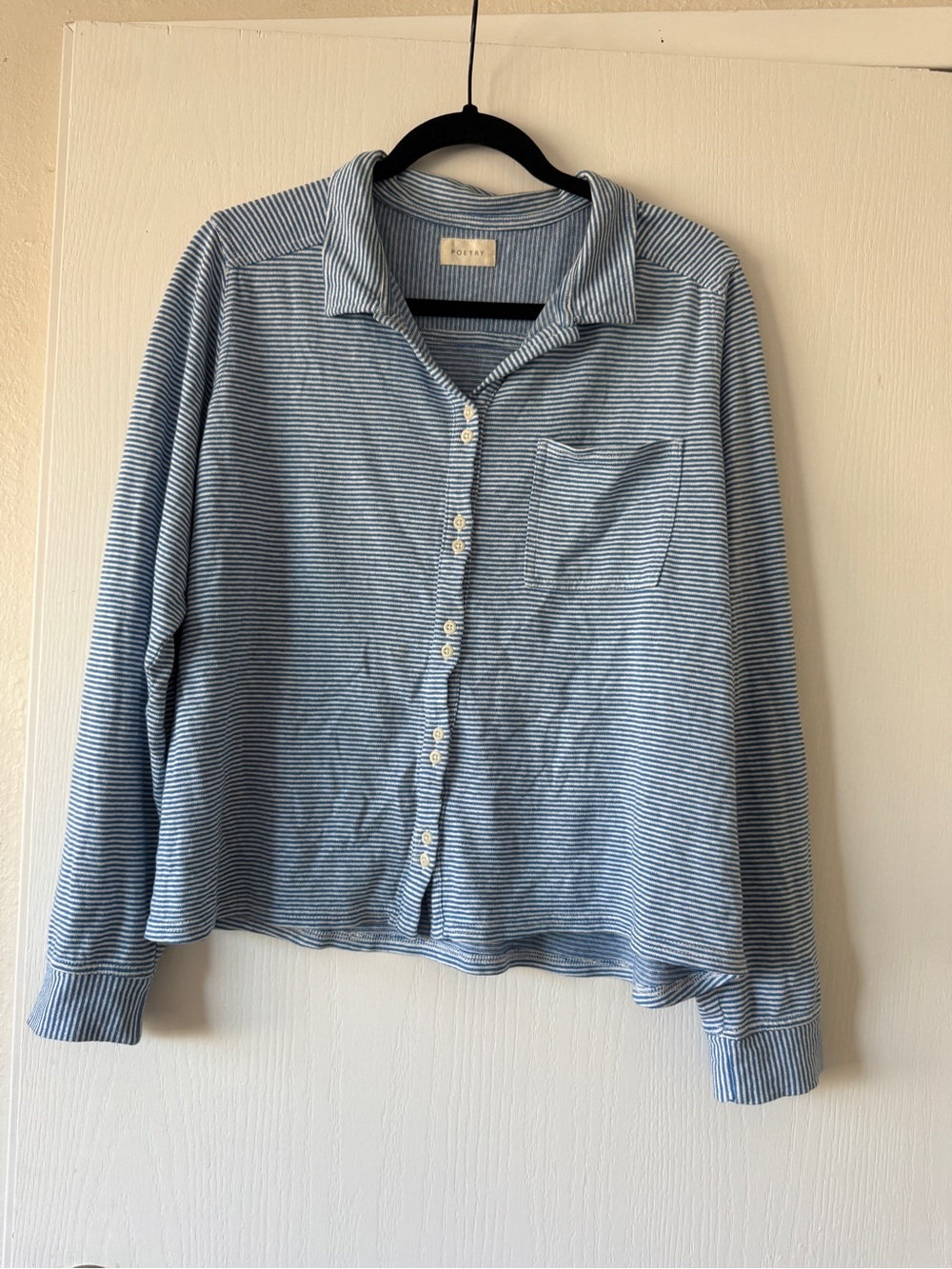 POETRY blue striped hemp organic cotton knit button up boxy long sleeve shirt